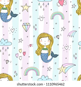 Seamless pattern with Hand drawn vector little mermaid