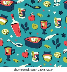 Seamless Pattern with Hand Drawn Vector Elements: Orange Slice, Glass of Mulled Wine, spices cinnamon and etc. 