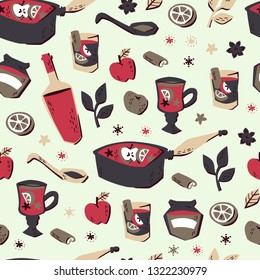 Seamless Pattern with Hand Drawn Vector Elements: Orange Slice, Glass of Mulled Wine, spices cinnamon and etc. 