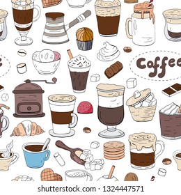 Seamless pattern with hand drawn vector elements of different types of coffee on white background