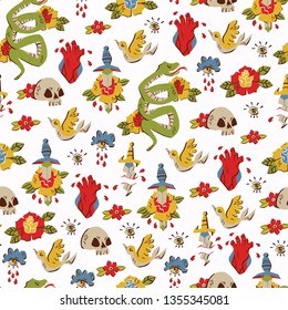 Seamless Pattern with Hand Drawn Vector Tattoo Elements: Snake,  Heart, Skull, Flower and etc. 