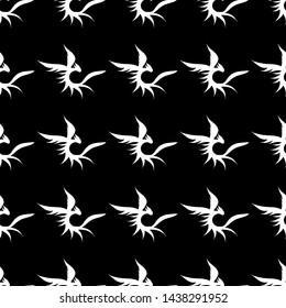 Seamless pattern of hand drawn vector dragon isolated on black background. Fantastic dragon icon. Freehand seamless silhouette of mythology aminal. Fantasy outline illustration.