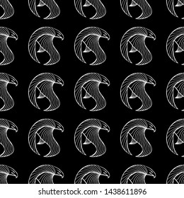 Seamless pattern of hand drawn vector hawk isolated on black background. Fantastic dragon icon. Freehand seamless silhouette of mythology aminal. Fantasy outline illustration.