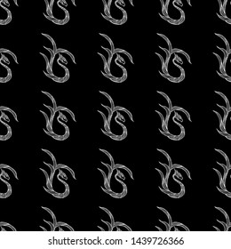 Seamless pattern of hand drawn vector dragon isolated on black background. Fantastic dragon icon. Freehand seamless silhouette of mythology aminal. Fantasy outline illustration.
