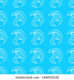 Seamless pattern of hand drawn vector eagle isolated on blue background. Fantastic dragon icon. Freehand seamless silhouette of mythology aminal. Fantasy outline illustration.