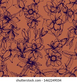 Seamless pattern with hand drawn vector botanic composition of magnolia