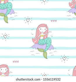 Seamless pattern with Hand drawn vector little mermaid