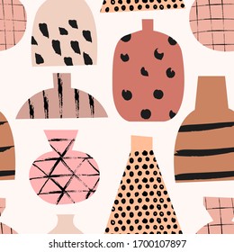 Seamless pattern with hand drawn vector abstract vases. Checkered dotted geometrical simple texture.  Aesthetic composition in terracotta colors. Collection of ceramic vases. 