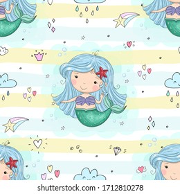 Seamless pattern with Hand drawn vector mermaid. Cute hand drawn with cute mermaid vector seamless pattern illustration. 