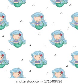 Seamless pattern with Hand drawn vector little mermaid. Cute hand drawn with cute little mermaid vector seamless pattern illustration. Cute Cartoon mermaid