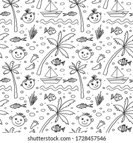 Seamless pattern with hand drawn vector travel objects from a child's life. Tropical ornament for postcard, greeting card, poster, banner, wallpaper. Funny background. Textile print