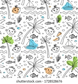 Seamless pattern with hand drawn vector travel objects from a child's life. Tropical ornament for postcard, greeting card, poster, banner, wallpaper. Funny background. Doodle style.