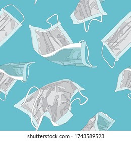 Seamless pattern of hand drawn vector illustration of a surgical face masks, that provides some protection against the spread of diseases and viruses to the wearer.