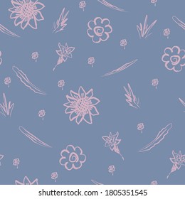 Seamless pattern with hand drawn vector light rose flowers and leaves on a light blue background. Design for textiles, posters, labels. 