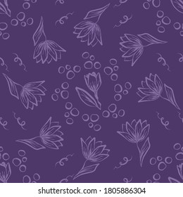 Seamless pattern with hand drawn vector light purple flowers and leaves on a dark purple background. Design for textiles, posters, labels. 