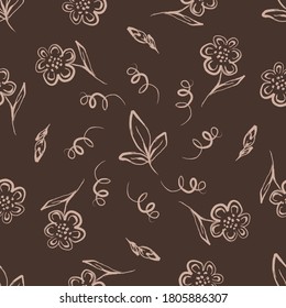 Seamless pattern with hand drawn vector light flowers and leaves on a dark brown background. Design for textiles, posters, labels.