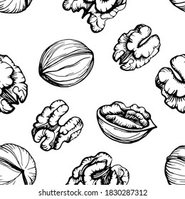 Seamless pattern. Hand drawn vector outline illustration of a walnut. Walnut kernels and shells. Handwritten graphic technique