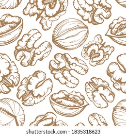 Seamless pattern. Hand drawn vector outline illustration of a walnut. Walnut kernels and shells. Handwritten graphic technique