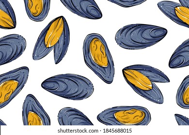 Seamless pattern of hand drawn vector mussels