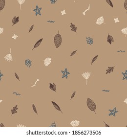 Seamless pattern with hand drawn vector flowers leaves on light brown background. Design for background, textiles, posters, labels.