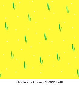 Seamless pattern with hand drawn vector leaves and dots,modern ornament,tender illustration for wrapping paper,minimalist print,abstract botanical motif for Easter decoration on yellow background