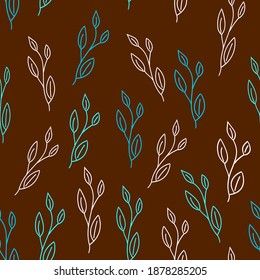 Seamless pattern with hand drawn vector colorful leaves,modern ornament,illustration for wrapping paper,abstract botanical motif for decoration on dark background,autumn mood print