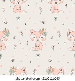 Seamless pattern with Hand drawn vector Illustration of Cute fox. Can be used for baby t-shirt print, fashion print design, kids wear, baby shower celebration greeting and invitation card.