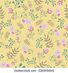 Seamless pattern with hand drawn vector elements. Pink flowers on yellow background, beautiful, feminine, vintage design. Perfect for apparel, bedding, curtains, stationary, phone cases and more. 