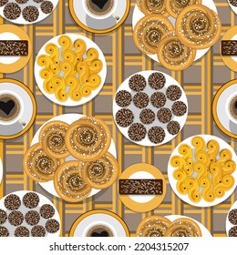 Seamless pattern, hand drawn, vector. Swedish Coffee Break, cinnamon buns (kanelbullar), saffron buns (lussekatter), coffee, and other sweets.