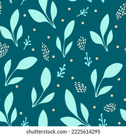 Seamless pattern with hand drawn vector turquoise leaves,modern ornament,illustration for wrapping paper,abstract botanical motif for decoration on dark background,winter mood print.