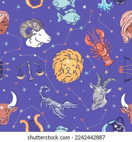 Seamless pattern with hand drawn vector illustrations of zodiac astrology signs and stellar sky