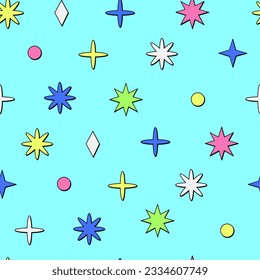 Seamless pattern. Hand drawn vector illustrations of stars and planets in cartoon Neobrutalism style on dark background