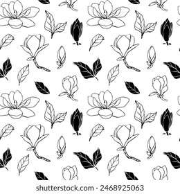 Seamless pattern with hand drawn vector magnolia flower, contour outline and black silhouette illustration. flower bud of different shapes. Illustration for prints, textile.