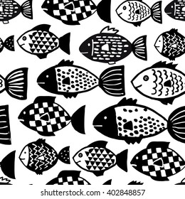 Seamless pattern of hand drawn vector fishes in black and white doodle style