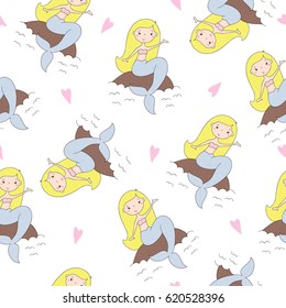 Seamless pattern with Hand drawn vector little mermaid.