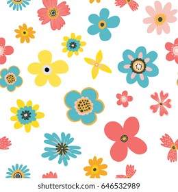 Seamless pattern hand drawn vector illustration with different kinds of flowers. Minimalistic cute trendy design on white background for textile, wrapping paper. 