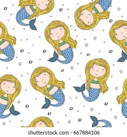 Seamless pattern with Hand drawn vector little mermaid.