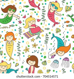 Seamless pattern with Hand drawn vector little mermaid.