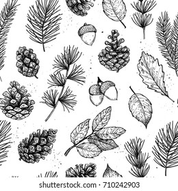 Seamless pattern. Hand drawn vector illustrations - Forest Autumn collection. Spruce branches, acorns, pine cones, fall leaves. Design elements for invitations, greeting cards, quotes, prints, fabric