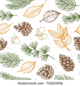 Seamless pattern. Hand drawn vector illustrations - Forest Autumn collection. Spruce branches, acorns, pine cones, fall leaves. Design elements for invitations, greeting cards, quotes, prints, fabric