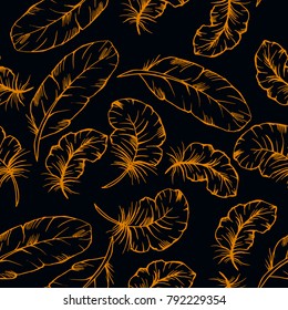 Seamless pattern of hand drawn vector orange feathers on black background. Cover, print design.