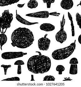 Seamless pattern of hand drawn vegetables and mushrooms.Vector illustration.