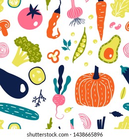 Seamless pattern with hand drawn vegetables. Vector illustration isolated on white background. Eco lifestyle.