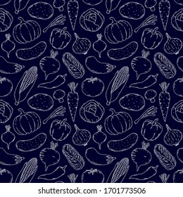 Seamless pattern with hand drawn vegetables on dark background.