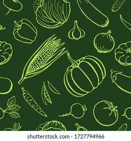 Seamless pattern hand drawn vegetables collection, isolated elements. Vector illustration.