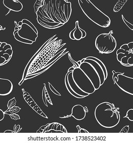 Seamless pattern hand drawn vegetables collection, isolated elements. Vector illustration.