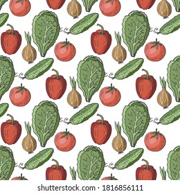 Seamless pattern with hand drawn vegetables. Light background for your kitchen. Vegetable background. Organic food. Vector illustration.