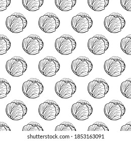 Seamless pattern with hand drawn vegetables elements cabbage. Vegetarian wallpaper. For design packaging, textile, background, design postcards and posters.