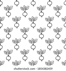 Patrón sin foco con elementos de vegetales dibujados a mano rábano. Papel de pared vegetariano. Para embalajes de diseño, textiles, fondo, postales de diseño y carteles.