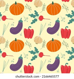 Seamless pattern with hand drawn vegetables. Vegetarian healthy food vector texture. Vegan, farm, organic, detox EPS